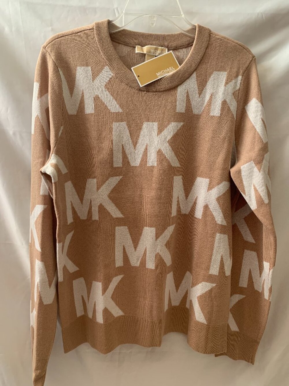 MICHAEL KORS Signature Logo Knit Crew Neck Sweater in Buff Tan Sz LARGE